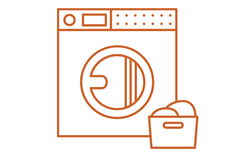 An outline illustration of a washing machine next to a basket of laundry.