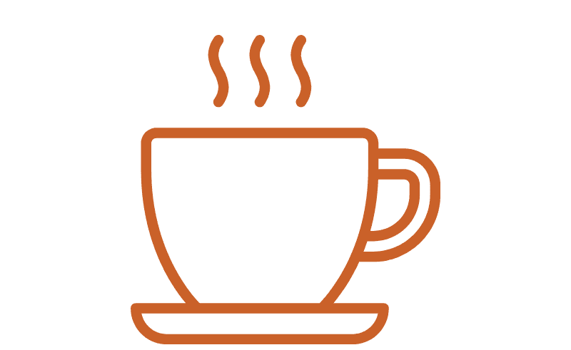 Icon of a steaming cup of coffee on a saucer.